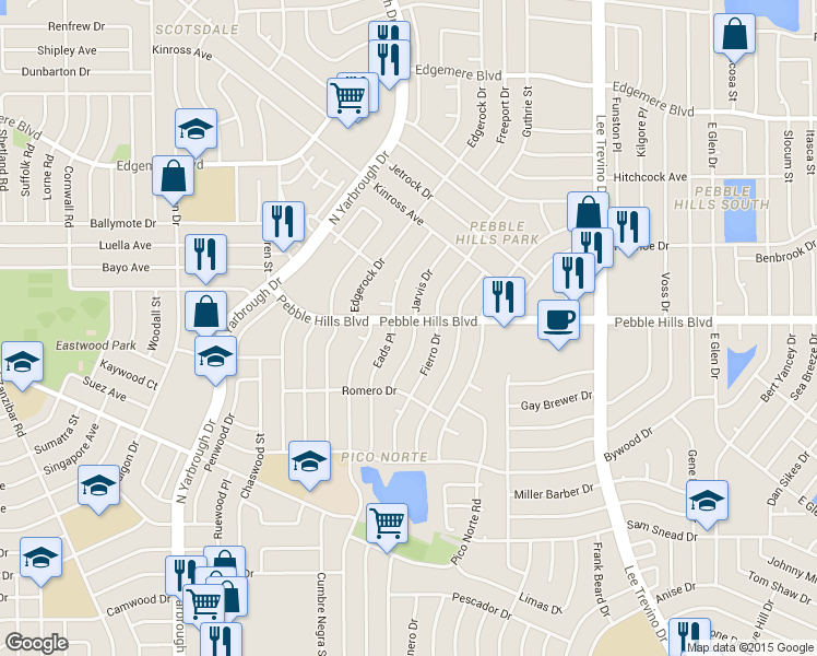 map of restaurants, bars, coffee shops, grocery stores, and more near 3021 Jarvis Drive in El Paso