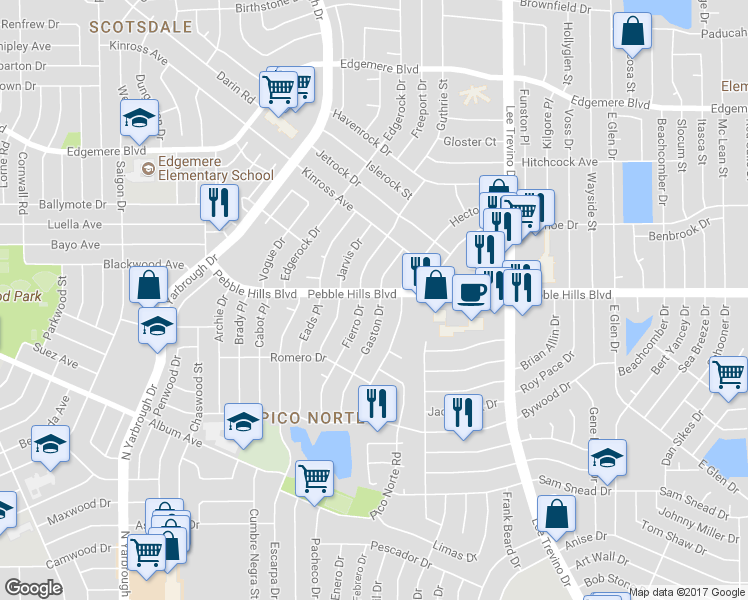 map of restaurants, bars, coffee shops, grocery stores, and more near 3021 Gaston Drive in El Paso