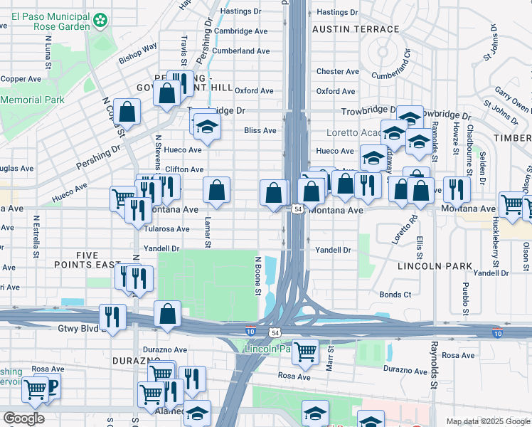 map of restaurants, bars, coffee shops, grocery stores, and more near 4108 Montana Avenue in El Paso