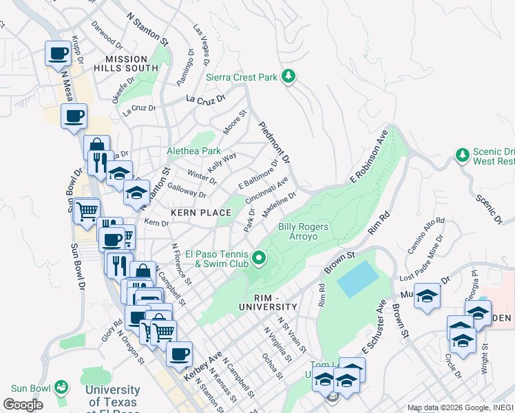 map of restaurants, bars, coffee shops, grocery stores, and more near 1022 Park Road in El Paso