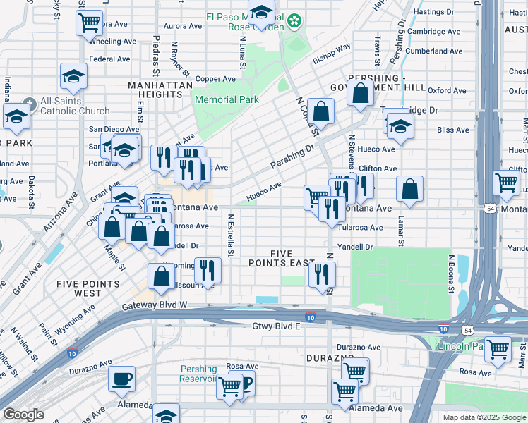 map of restaurants, bars, coffee shops, grocery stores, and more near 3306 Montana Avenue in El Paso