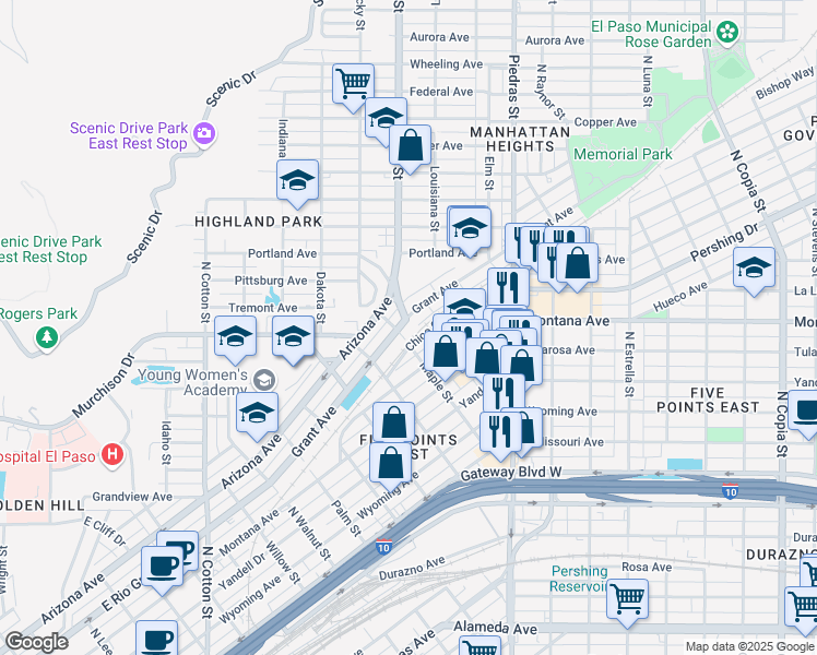 map of restaurants, bars, coffee shops, grocery stores, and more near 2704 Grant Avenue in El Paso