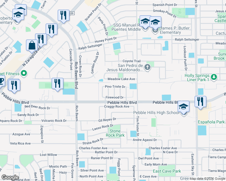 map of restaurants, bars, coffee shops, grocery stores, and more near 2929 Pino Blanco Place in El Paso