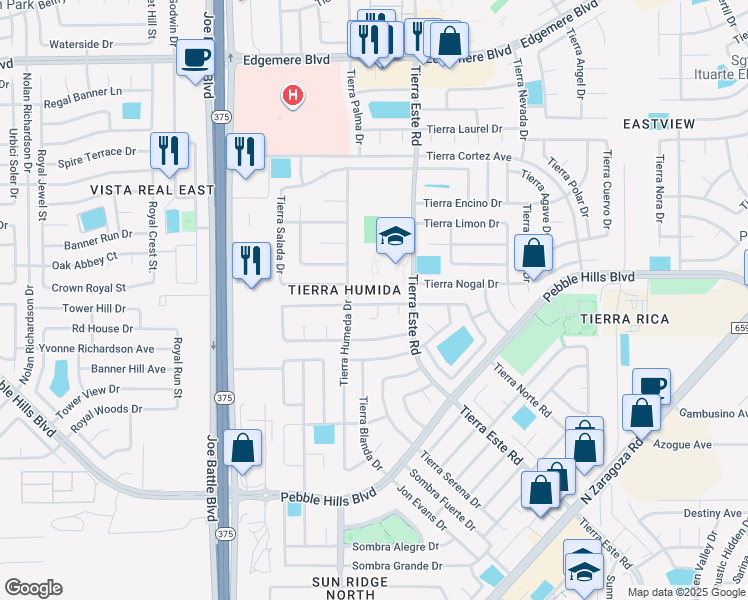 map of restaurants, bars, coffee shops, grocery stores, and more near 12325 Tierra Bella Drive in El Paso