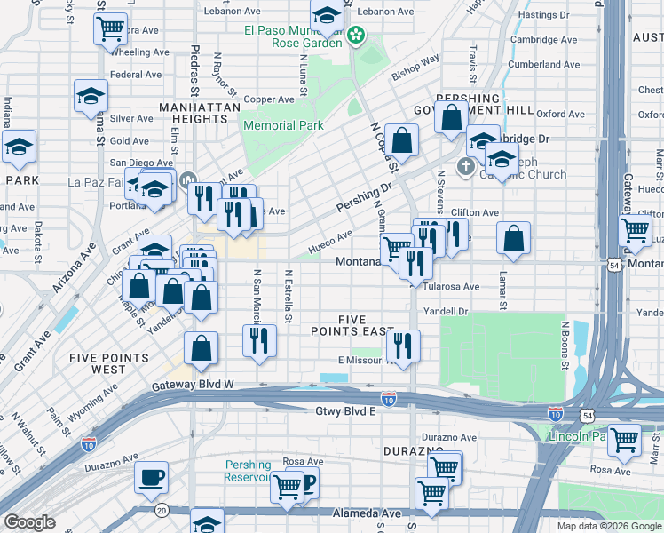 map of restaurants, bars, coffee shops, grocery stores, and more near 3306 Montana Avenue in El Paso