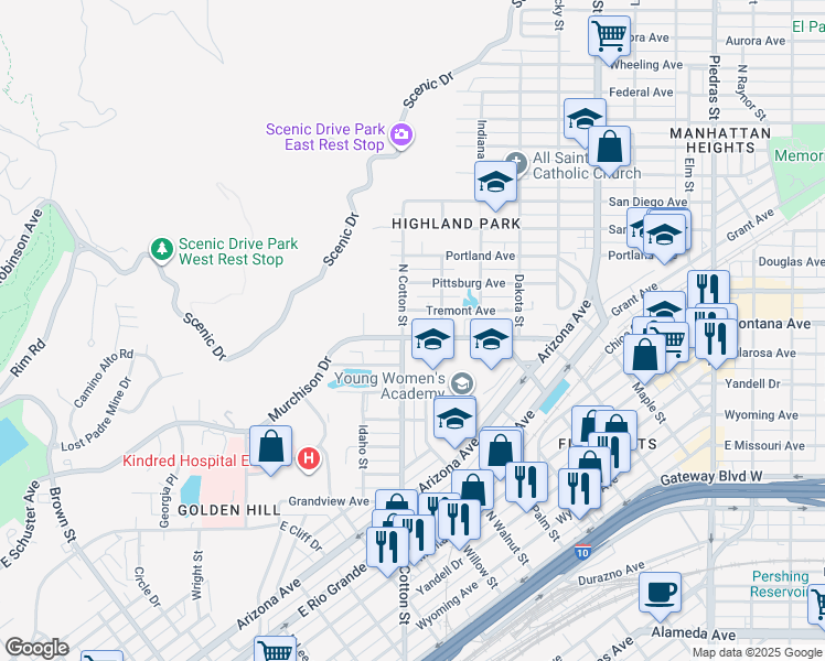 map of restaurants, bars, coffee shops, grocery stores, and more near 2111 Murchison Drive in El Paso