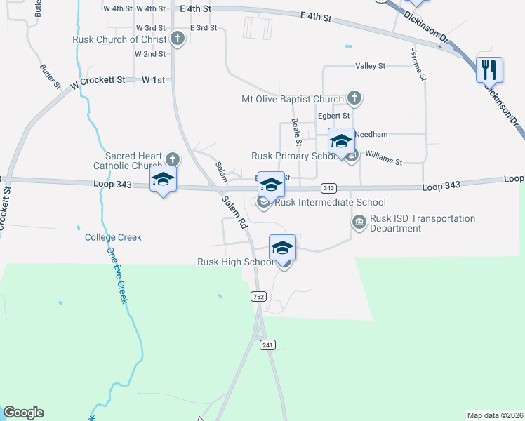 map of restaurants, bars, coffee shops, grocery stores, and more near 1143 Loop 343 in Rusk