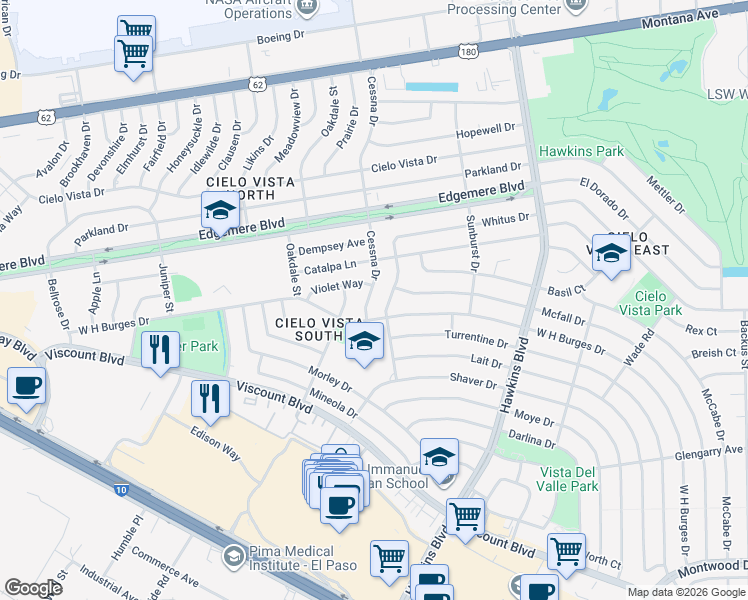 map of restaurants, bars, coffee shops, grocery stores, and more near 812 Cessna Drive in El Paso