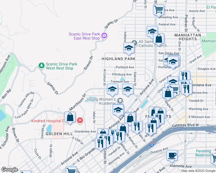 map of restaurants, bars, coffee shops, grocery stores, and more near 2111 Murchison Drive in El Paso
