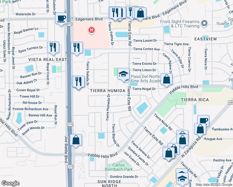 map of restaurants, bars, coffee shops, grocery stores, and more near 12325 Tierra Bella Drive in El Paso