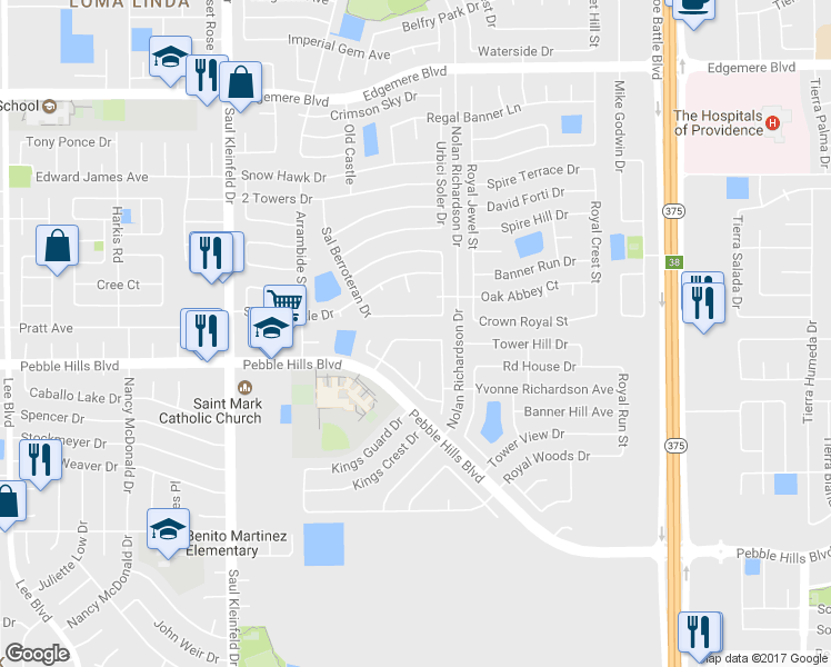 map of restaurants, bars, coffee shops, grocery stores, and more near 3017 Oak Crest Circle in El Paso