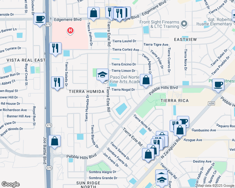 map of restaurants, bars, coffee shops, grocery stores, and more near 12429 Tierra Bella Drive in El Paso