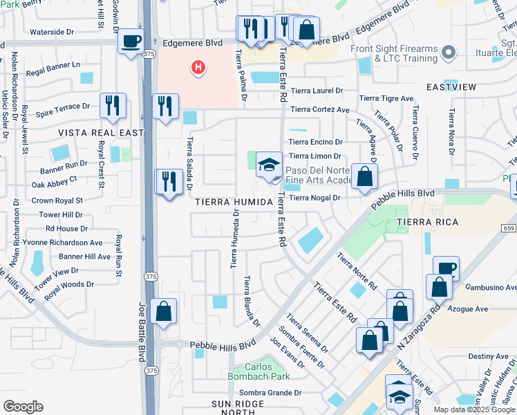map of restaurants, bars, coffee shops, grocery stores, and more near 12325 Tierra Bella Drive in El Paso