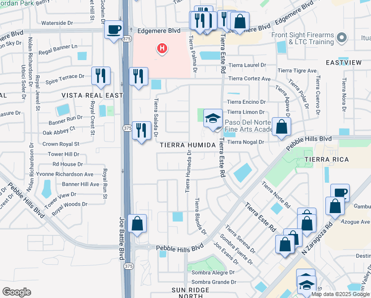 map of restaurants, bars, coffee shops, grocery stores, and more near 12295 Tierra Bella Drive in El Paso
