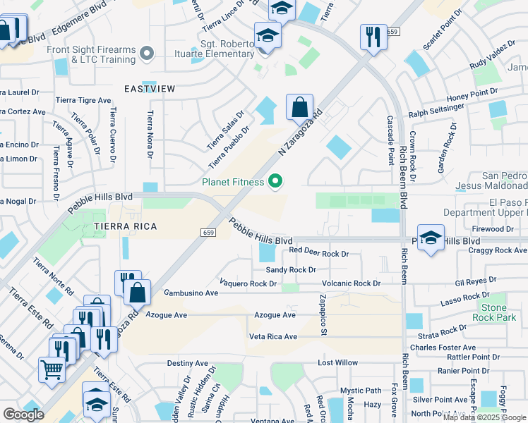 map of restaurants, bars, coffee shops, grocery stores, and more near 3150 North Zaragoza Road in El Paso