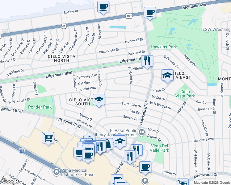 map of restaurants, bars, coffee shops, grocery stores, and more near 8332 Mcfall Drive in El Paso