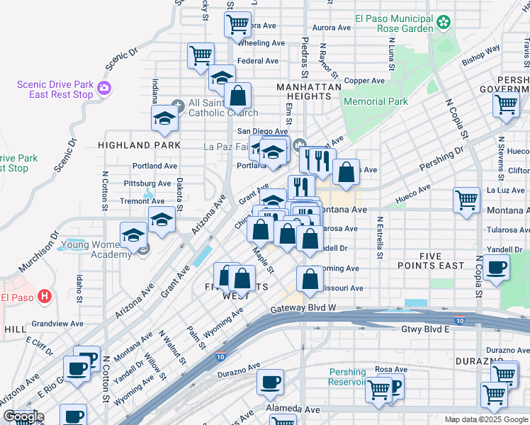map of restaurants, bars, coffee shops, grocery stores, and more near 1010 Birch Street in El Paso