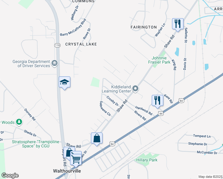 map of restaurants, bars, coffee shops, grocery stores, and more near 161 Kyle Lane in Hinesville