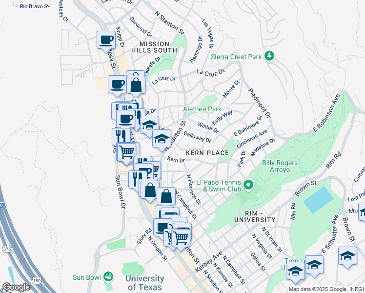 map of restaurants, bars, coffee shops, grocery stores, and more near 723 McKelligon Drive in El Paso