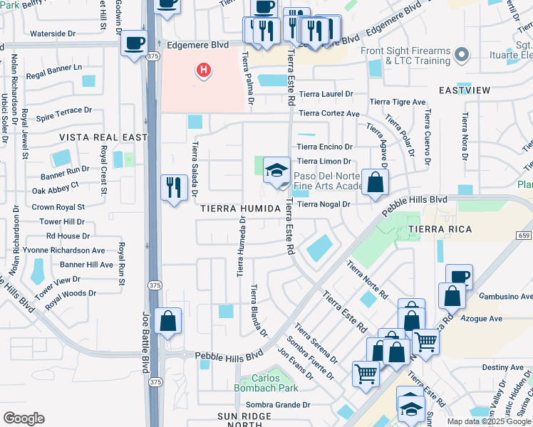map of restaurants, bars, coffee shops, grocery stores, and more near 12325 Tierra Bella Drive in El Paso