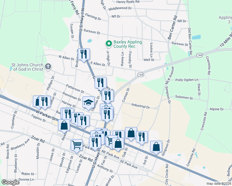 map of restaurants, bars, coffee shops, grocery stores, and more near 498 North Main Street in Baxley
