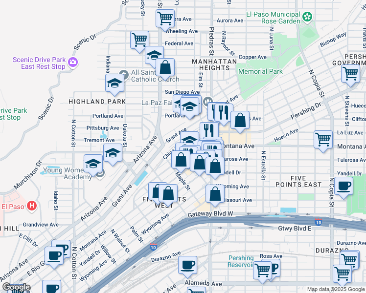 map of restaurants, bars, coffee shops, grocery stores, and more near 1010 Birch Street in El Paso