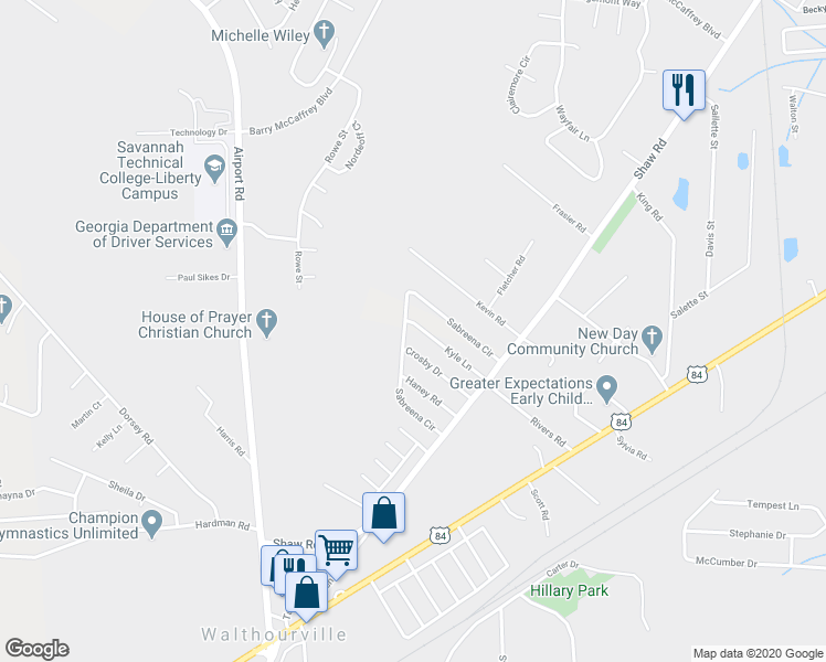 map of restaurants, bars, coffee shops, grocery stores, and more near 210 Kyle Lane in Hinesville