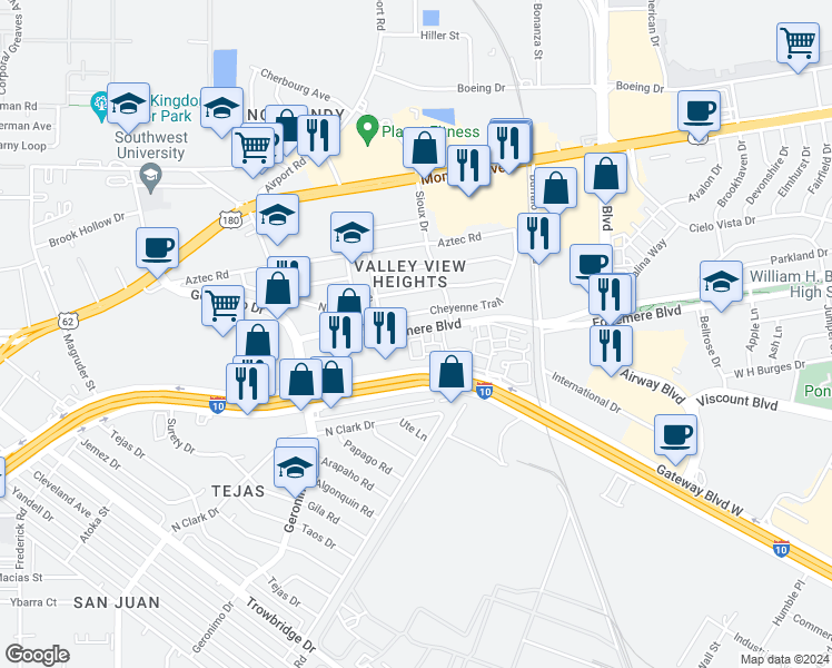 map of restaurants, bars, coffee shops, grocery stores, and more near 6400 Edgemere Boulevard in El Paso
