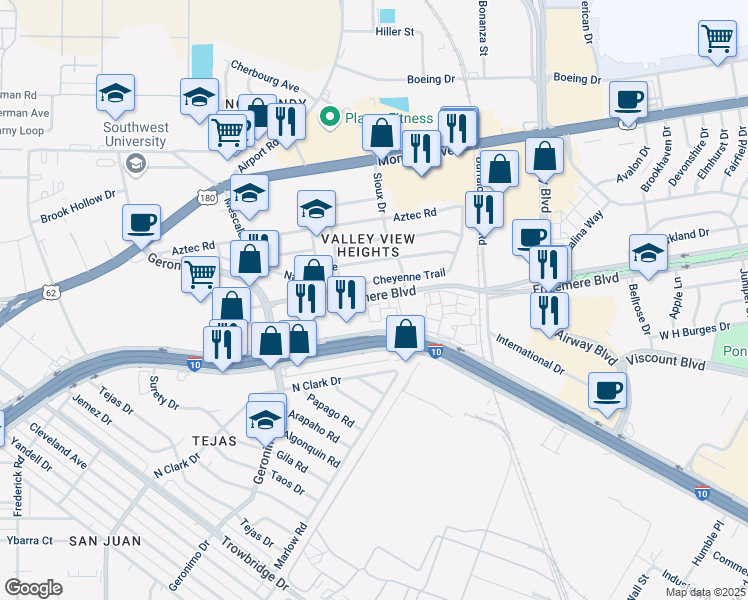 map of restaurants, bars, coffee shops, grocery stores, and more near 6400 Edgemere Boulevard in El Paso