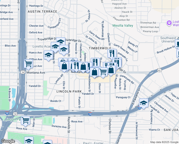 map of restaurants, bars, coffee shops, grocery stores, and more near 6500 Montana Avenue in El Paso