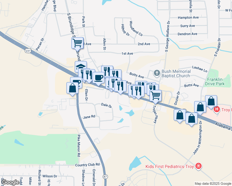 map of restaurants, bars, coffee shops, grocery stores, and more near 1104 U.S. 231 in Troy