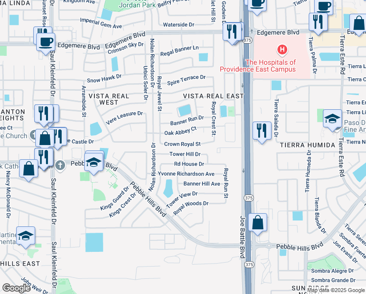 map of restaurants, bars, coffee shops, grocery stores, and more near 11972 Crown Royal Street in El Paso