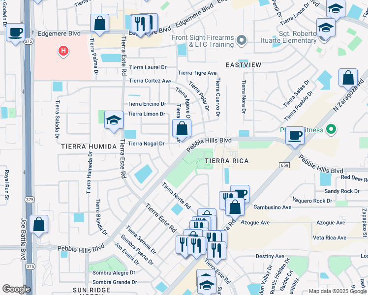 map of restaurants, bars, coffee shops, grocery stores, and more near 2992 Tierra Fresno Drive in El Paso