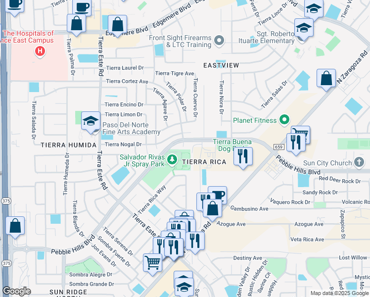 map of restaurants, bars, coffee shops, grocery stores, and more near 2988b Tierra Cortez Avenue in El Paso