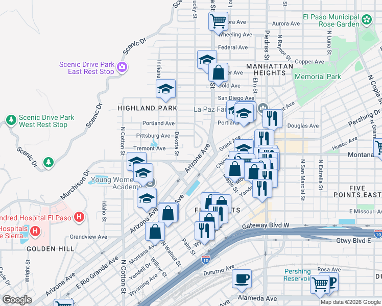 map of restaurants, bars, coffee shops, grocery stores, and more near 2403 Murchison Drive in El Paso