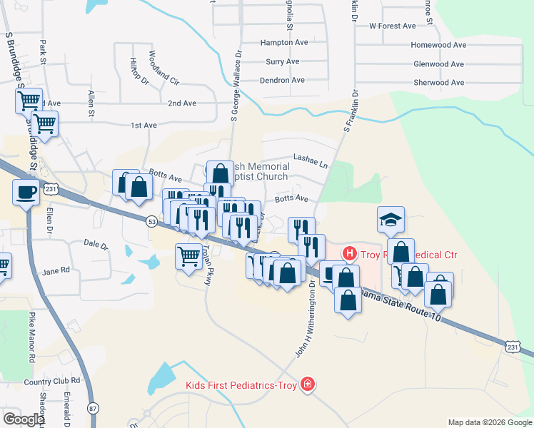 map of restaurants, bars, coffee shops, grocery stores, and more near 229 Dozier Drive in Troy