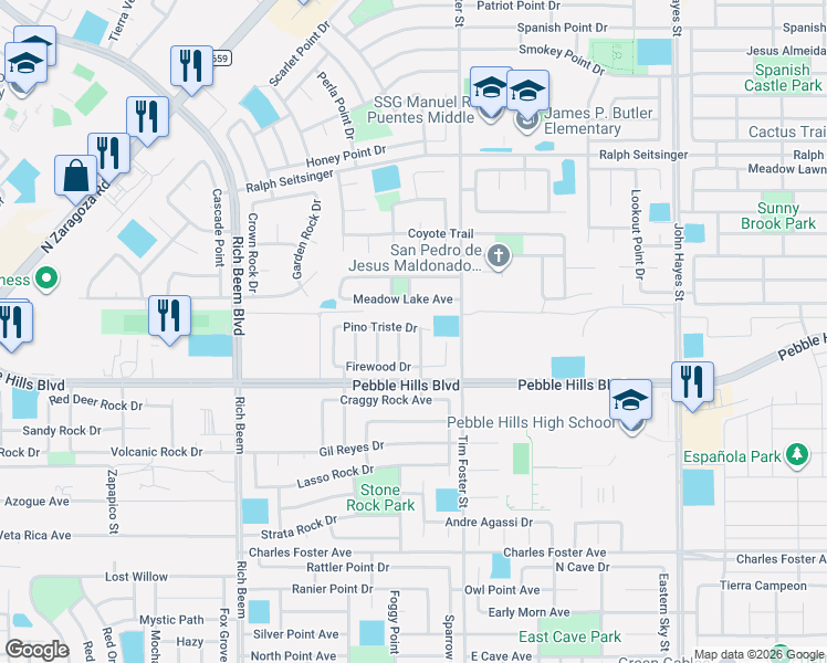 map of restaurants, bars, coffee shops, grocery stores, and more near 2929 Pebble Rock Place in El Paso