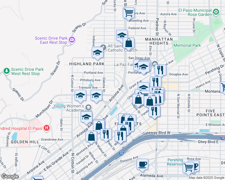 map of restaurants, bars, coffee shops, grocery stores, and more near 2403 Murchison Drive in El Paso
