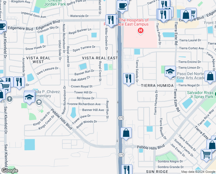 map of restaurants, bars, coffee shops, grocery stores, and more near 3020 Manny Aguilera Drive in El Paso