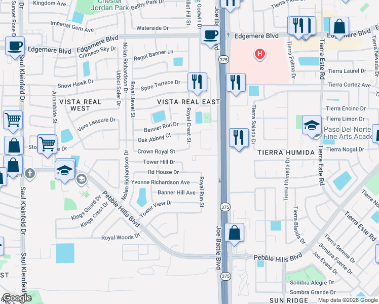 map of restaurants, bars, coffee shops, grocery stores, and more near 12060 Crown Royal Street in El Paso