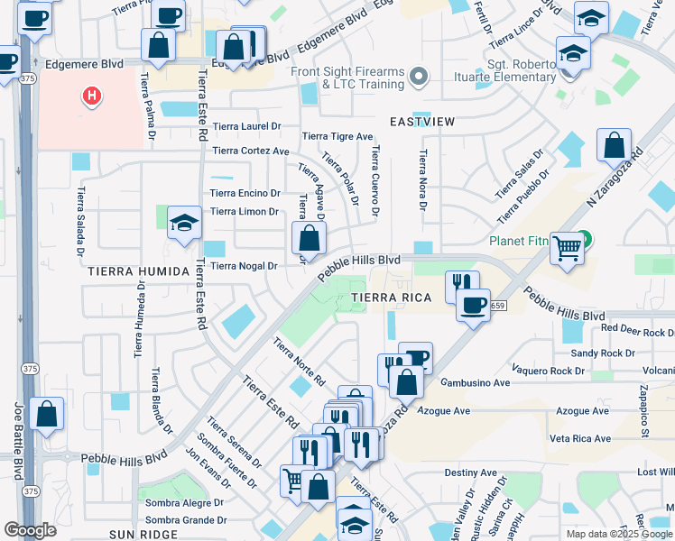 map of restaurants, bars, coffee shops, grocery stores, and more near 2992 Tierra Fresno Drive in El Paso