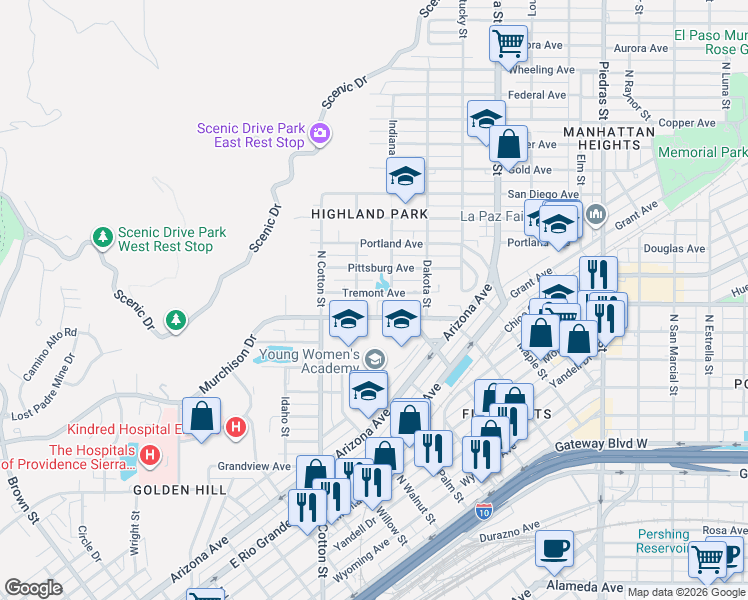 map of restaurants, bars, coffee shops, grocery stores, and more near 2207 Murchison Drive in El Paso