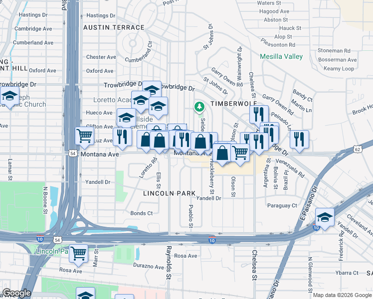 map of restaurants, bars, coffee shops, grocery stores, and more near 4812 Montana Avenue in El Paso