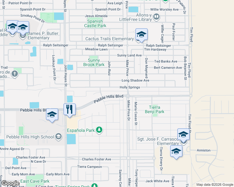 map of restaurants, bars, coffee shops, grocery stores, and more near 2872 Sammy Cervantes Street in El Paso