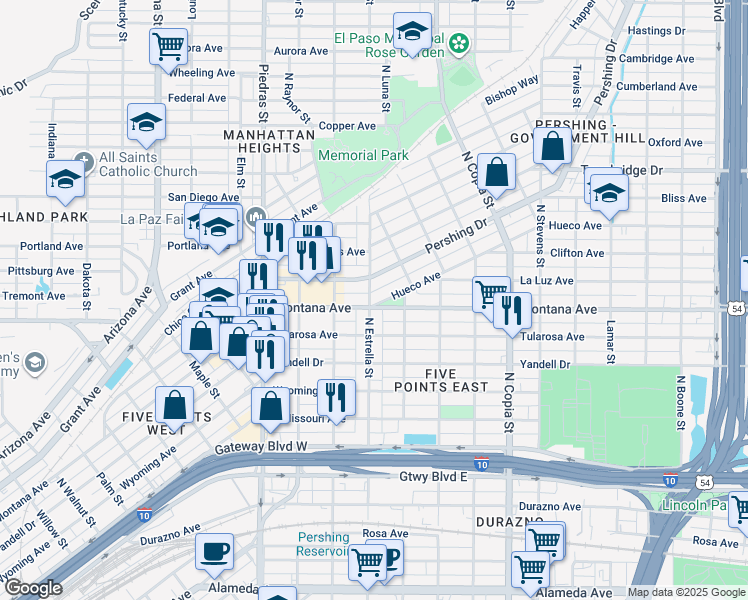 map of restaurants, bars, coffee shops, grocery stores, and more near 3204 Montana Avenue in El Paso