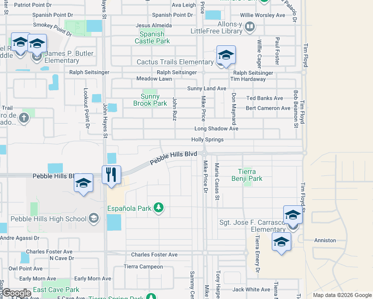 map of restaurants, bars, coffee shops, grocery stores, and more near 2872 Sammy Cervantes Street in El Paso