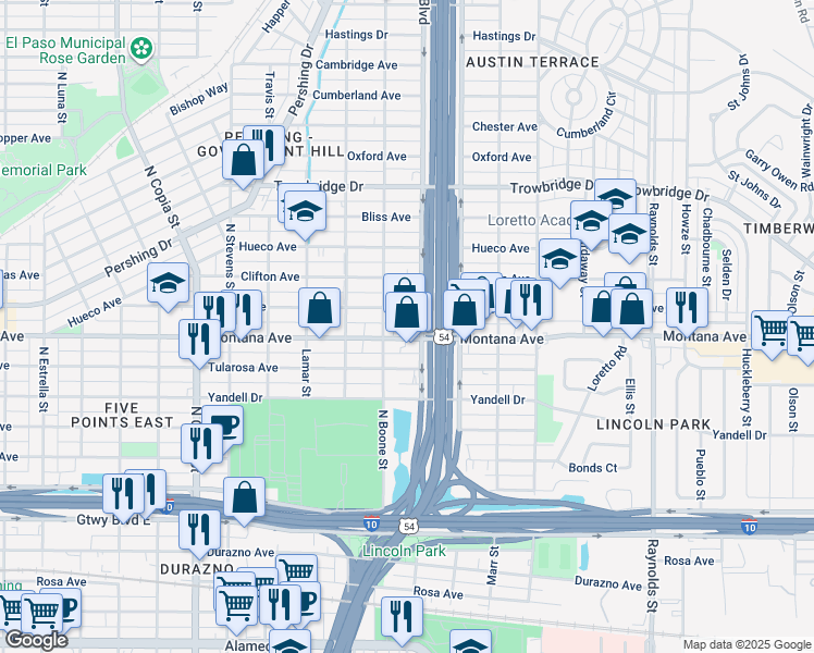 map of restaurants, bars, coffee shops, grocery stores, and more near 4108 Montana Avenue in El Paso