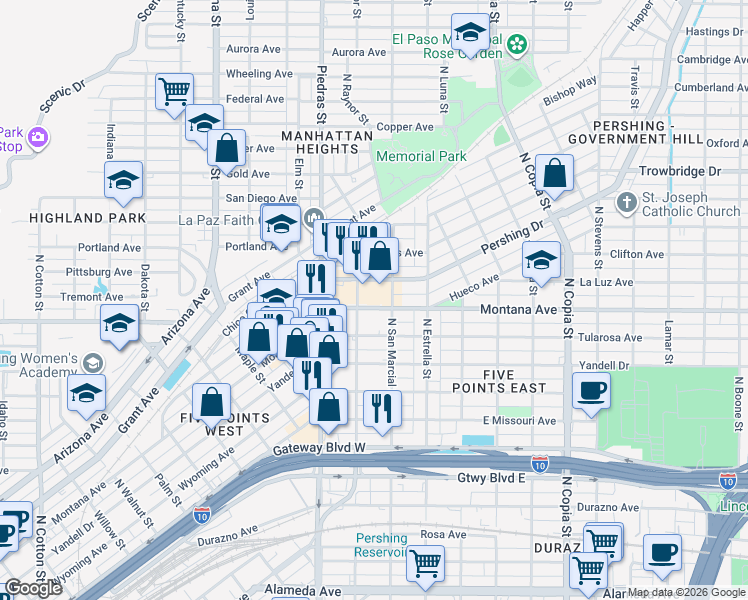 map of restaurants, bars, coffee shops, grocery stores, and more near 910 North Raynor Street in El Paso