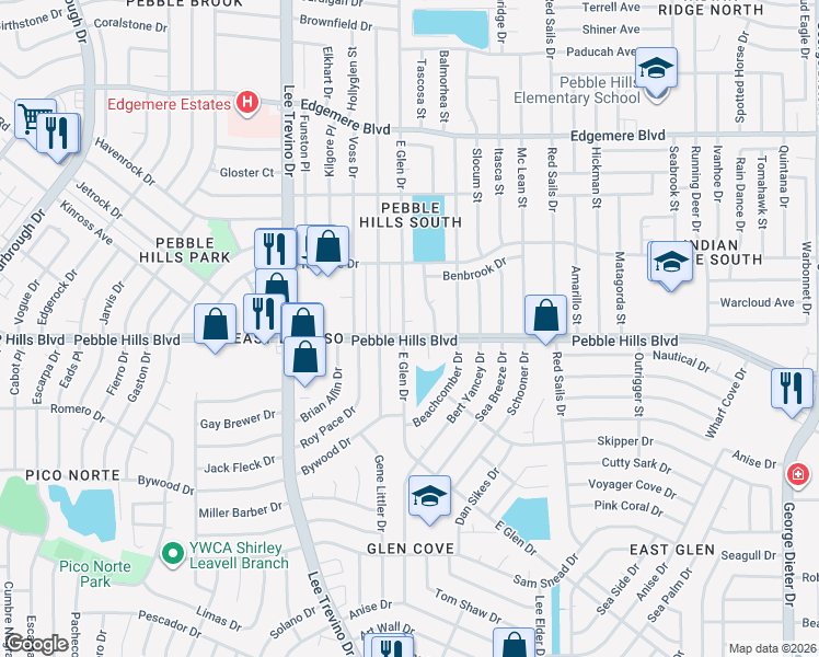 map of restaurants, bars, coffee shops, grocery stores, and more near 3028 East Glen Drive in El Paso