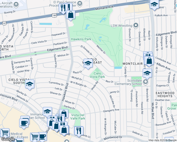 map of restaurants, bars, coffee shops, grocery stores, and more near 9000 Basil Court in El Paso